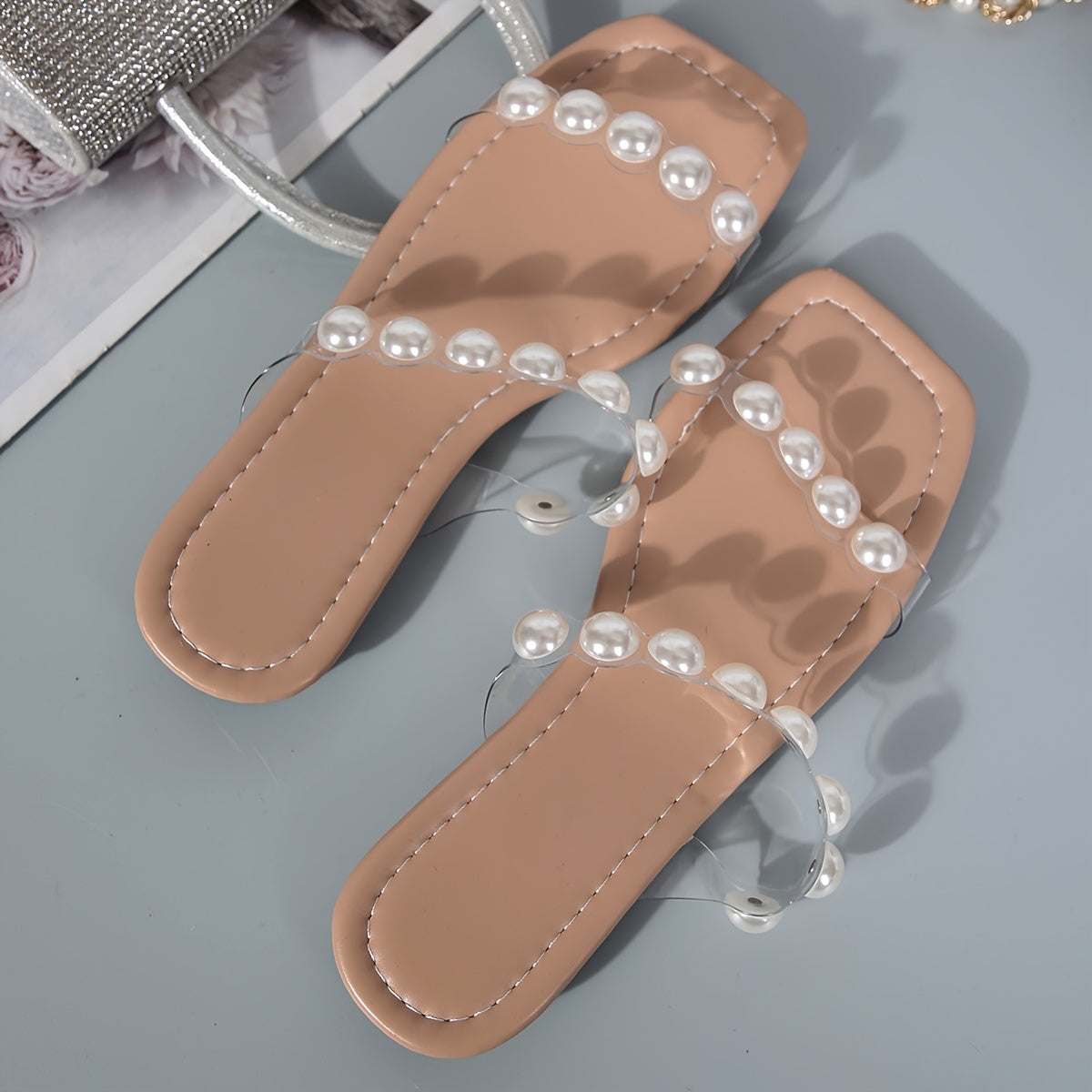 Women's Solid Color Elegant Slides, PVC Slip On Lightweight Flat Faux Pearl Decor Slides, Summer Holiday Beach Slides